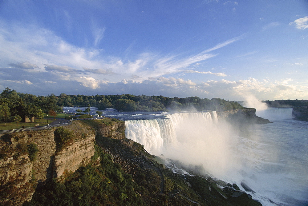 American Falls in foreground, with Horseshoe Falls in the background, Niagara Falls in the gorge that connects Lakes Ontario and Erie, Niagara, New York State, United States of America (U.S.A.), North America