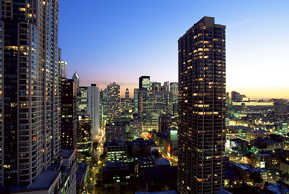 Looking south down Rush and Wabash streets in the Near North of downtown Chicago, Chicago Place is on the left, Chicago, Illinois, United States of America, North America