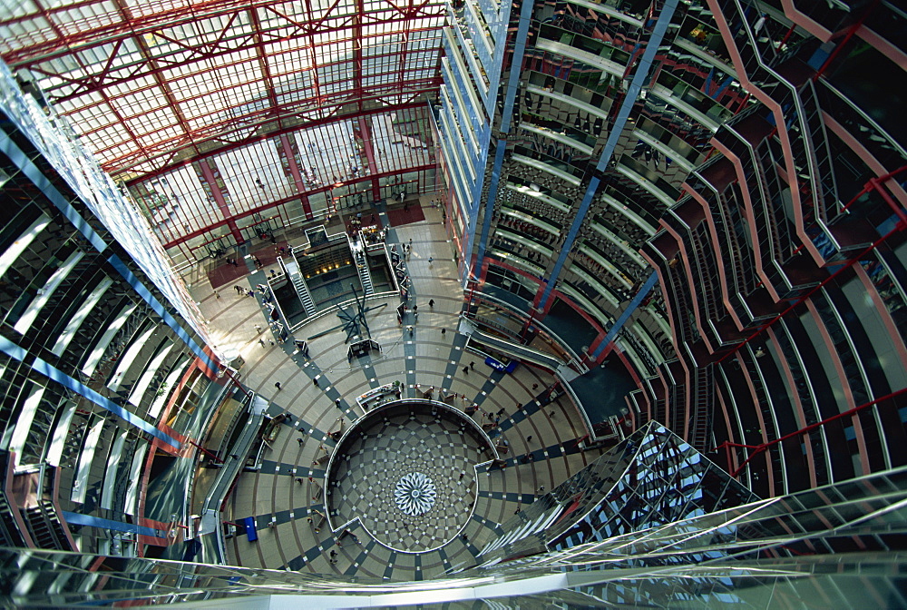 Looking down towards the atrium of the State of Illinois Building on La Salle Street, downtown Chicago, Illinois, United States of America, North America