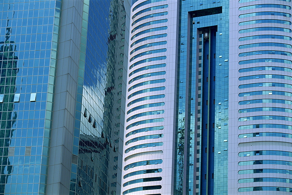 Close-up of tower blocks in the centre of Shenzhen City in the Special Economic Zone boomtown on border with Hong Kong, China, Asia