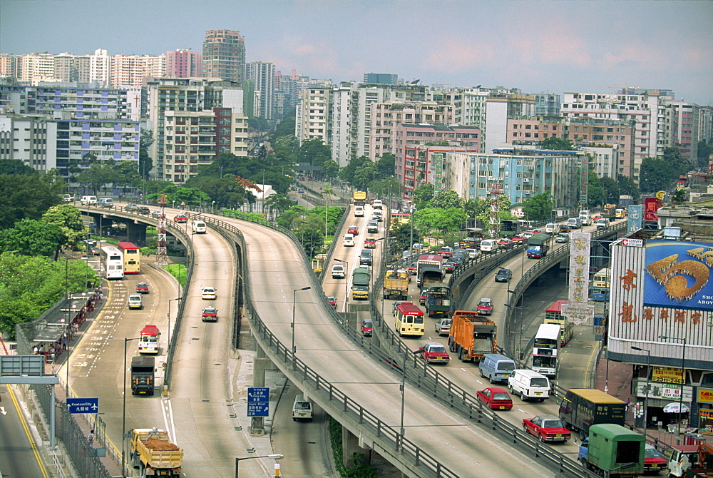 Traffic on flyovers near Kai Tak Airport, Kowloon, Hong Kong, China, Asia