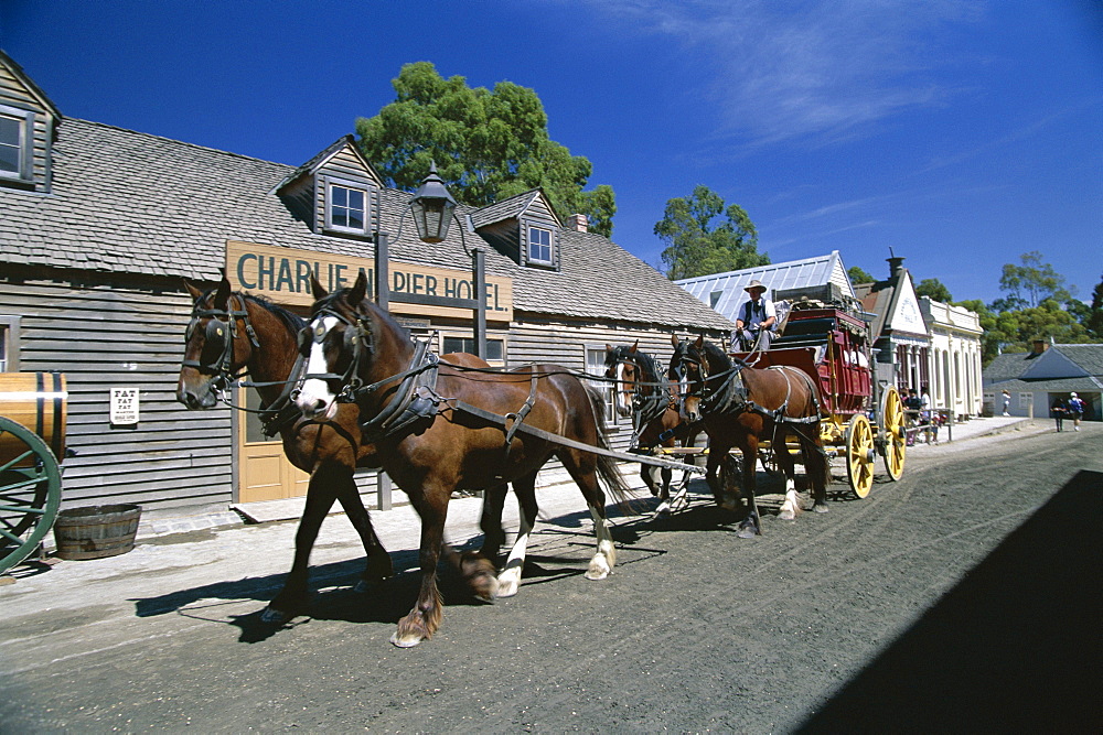 Horse drawn carriage at Sovereign Hill, re-creation of an 1860s gold-mining township near Ballarat, west of Melbourne, Victoria, Australia, Pacific