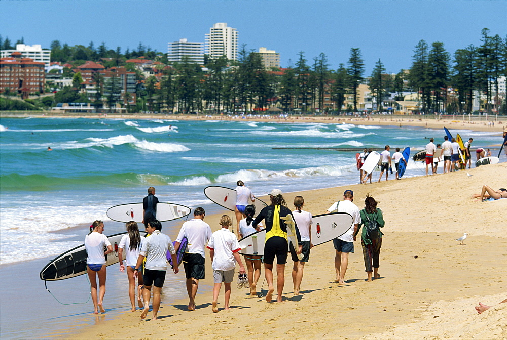 A surf class on Manly beach, the northern ocean suburb of Sydney, New South Wales, Australia, Pacific