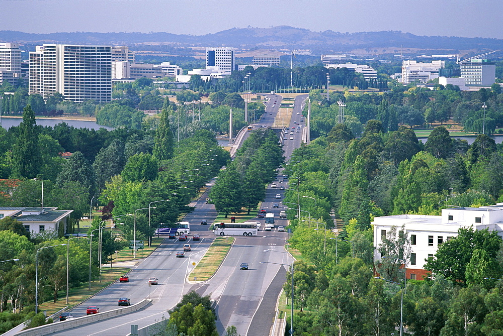 Looking from Capital Hill along Commonwealth Avenue towards Vernon Circle in the centre of the capital city, Canberra, Australian Capital Territory (A.C.T.), Australia, Pacific