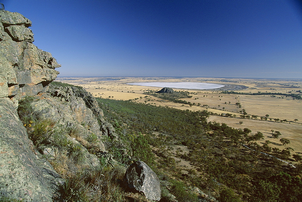 View from Mount Arapiles, rock-climbing centre, towards salt pan of Mitre Lake, Wimmera, Victoria, Australia, Pacific