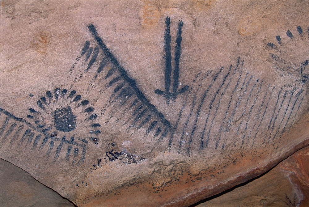 Aboriginal charcoal paintings at Yourambulla Rock Shelter, near Hawker, including emu and kangaroo tracks, South Australia, Australia, Pacific