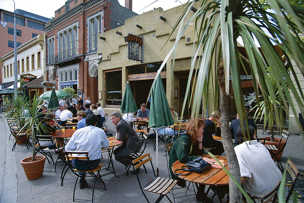 People sitting outside cafe on Oxford Terrace, Christchurch, Canterbury, South Island, New Zealand, Pacific