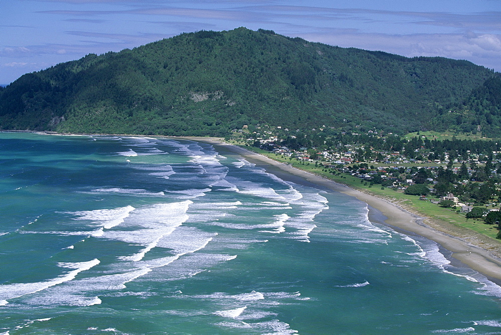 Aerial view of surf beach at Pauanui on east coast, Coromandel Peninsula, South Auckland, North Island, New Zealand, Pacific