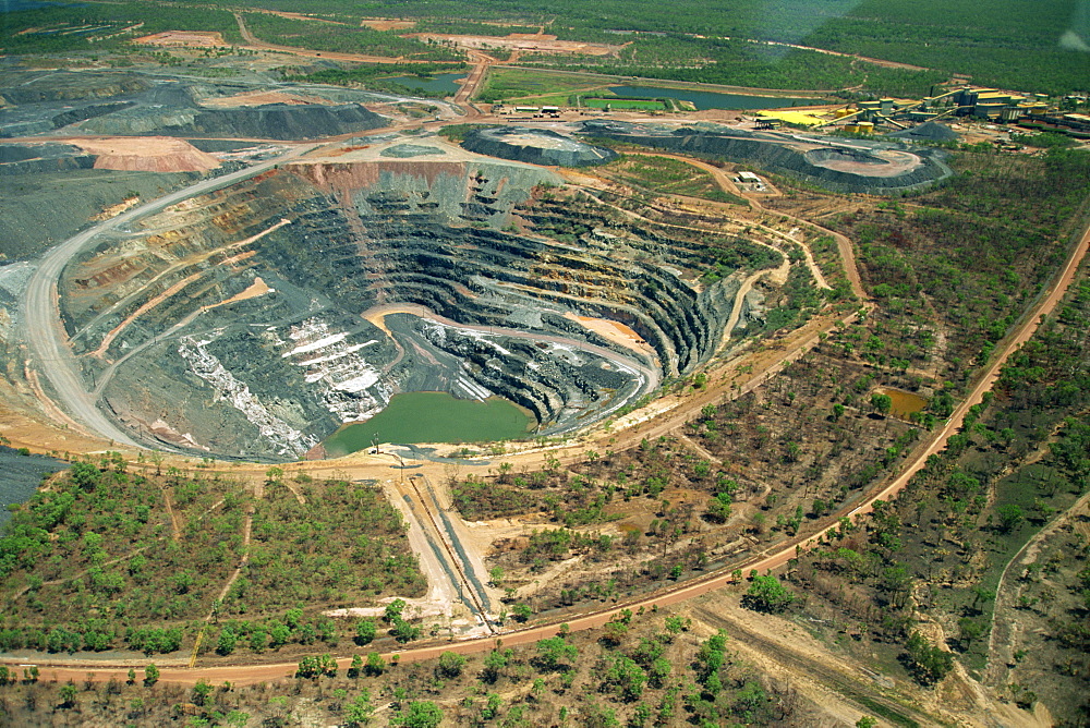 Aerial of Ranger Uranium mine in Kakadu National Park from which a share of the profits go to aboriginal landowners in the Northern Territory of Australia, Pacific