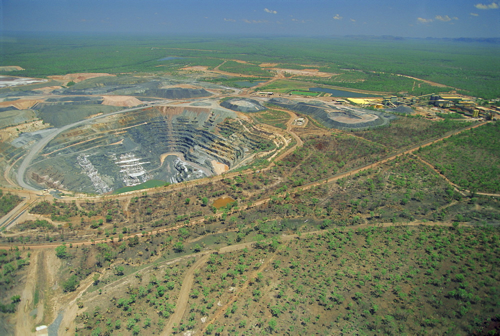 Aerial view of one of only three permitted uranium mines in Australia (share of profits go to aboriginal landowners), Ranger Uranium mine, Kakadu National Park, Northern Territory, Australia