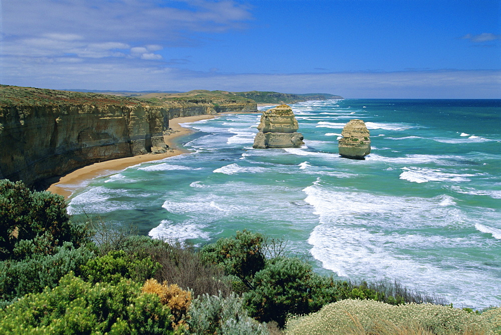 Sea stacks at the Twelve Apostles on rapidly eroding coastline, Port Campbell National Park, Great Ocean Road, Victoria, Australia