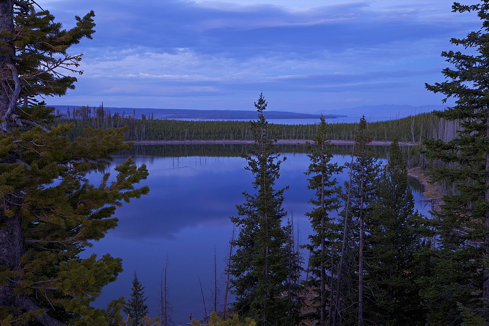 View of Duck Lake and Yellowstone Lake at dusk from near West Thumb, Yellowstone National Park, UNESCO World Heritage Site, Wyoming, United States of America, North America 