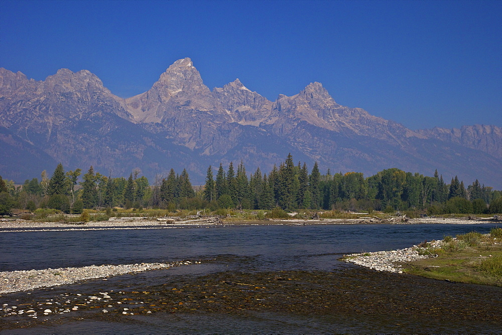 Snake River and Grand Teton Cathedral Group from Blacktail Ponds area,  Grand Teton National Park, Wyoming, United States of America, North America 