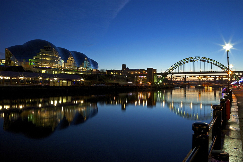 Gateshead Quays with Sage Gateshead and Tyne Bridge at night, Tyne and Wear, England, United Kingdom, Europe 