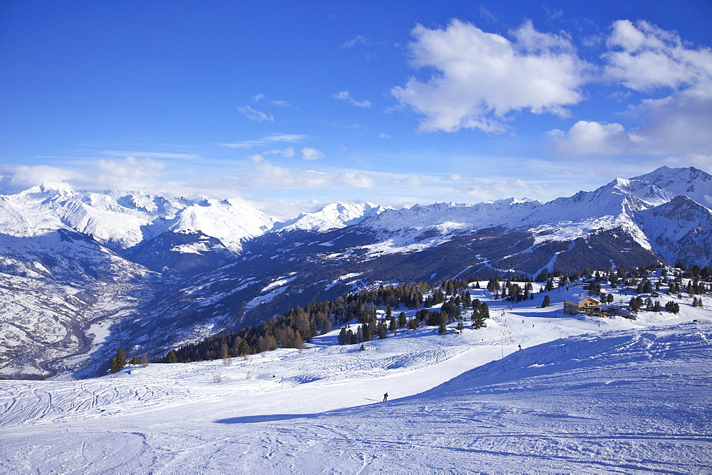 Ski slopes at La Plagne looking to Mont Blanc, Savoie, French Alps, France, Europe 