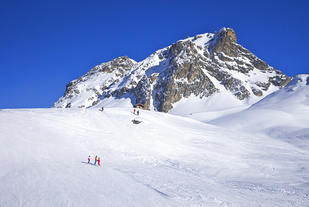 Le Serac blue piste, winter sun, Champagny, La Plagne, French Alps, France, Europe 