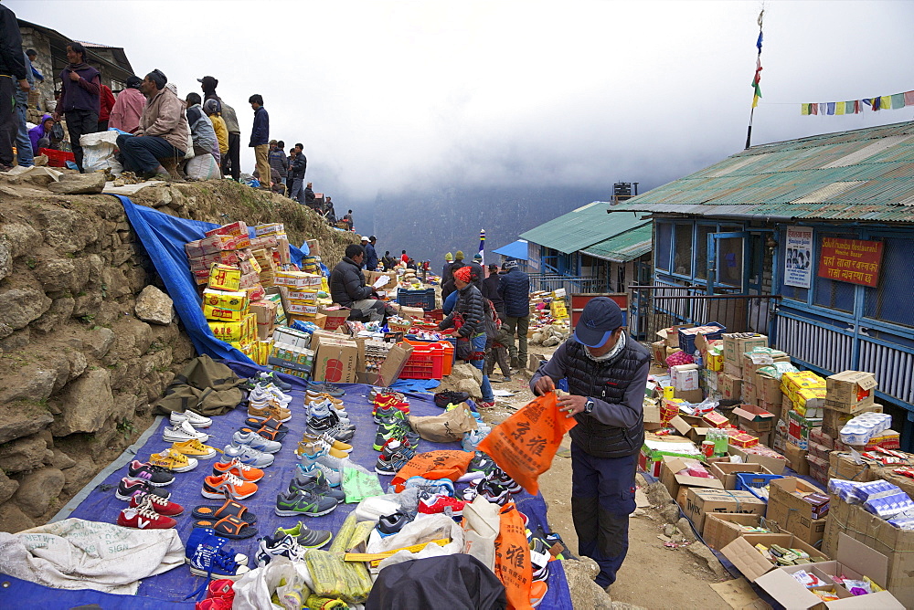 Market stalls in Namche Bazaar, Nepal, Asia