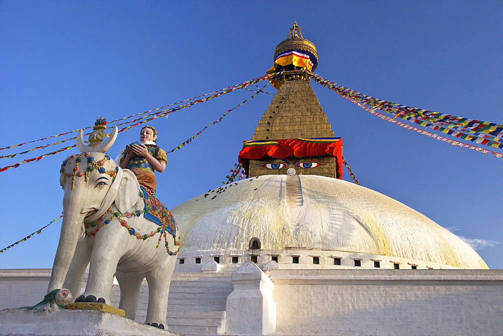 Warrior on elephant guards the north side of Boudhanath Stupa, UNESCO World Heritage Site, Kathmandu, Nepal, Asia 