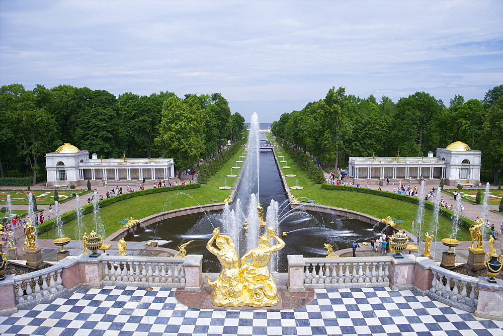 Peterhof Fountains of the Grand Cascade and gardens in summer, Petrodvorets, St. Petersburg, Russia, Europe 