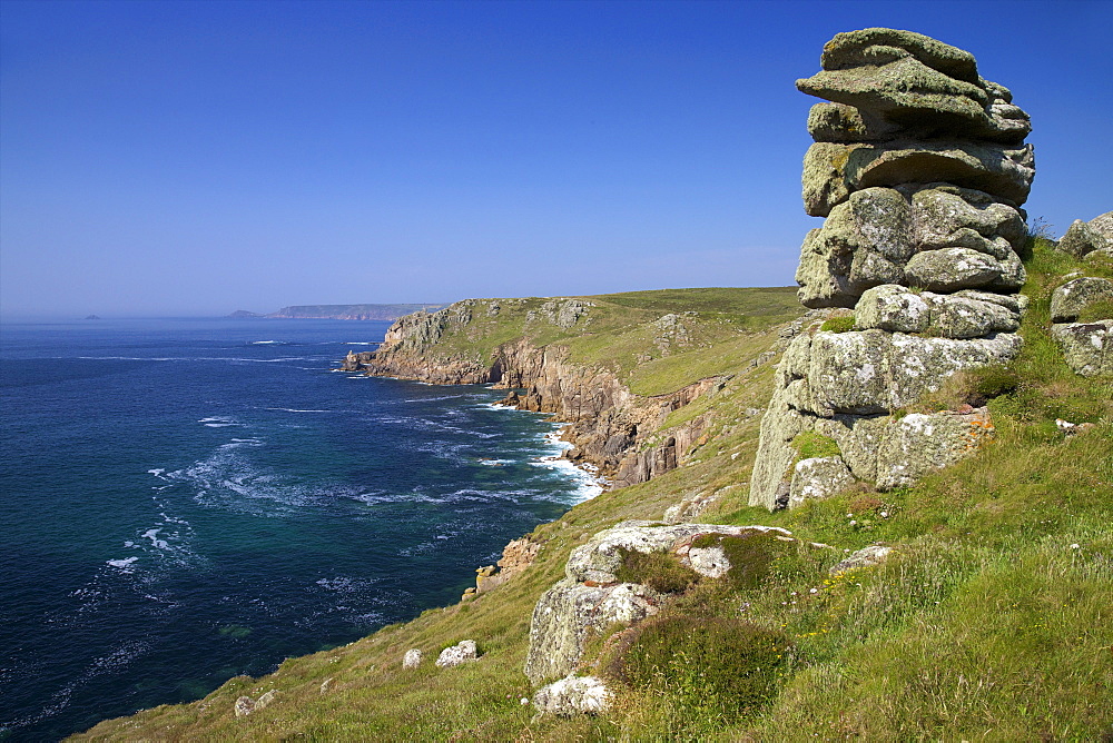 Looking to Sennen Cove from Lands End, summer sunshine, Cornwall, England, United Kingdom, Europe 