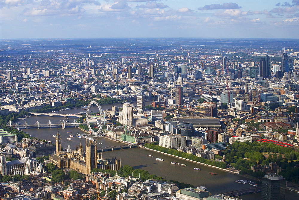 Aerial view of the Houses of Parliament, Westminster Abbey and London Eye, London, England, United Kingdom, Europe