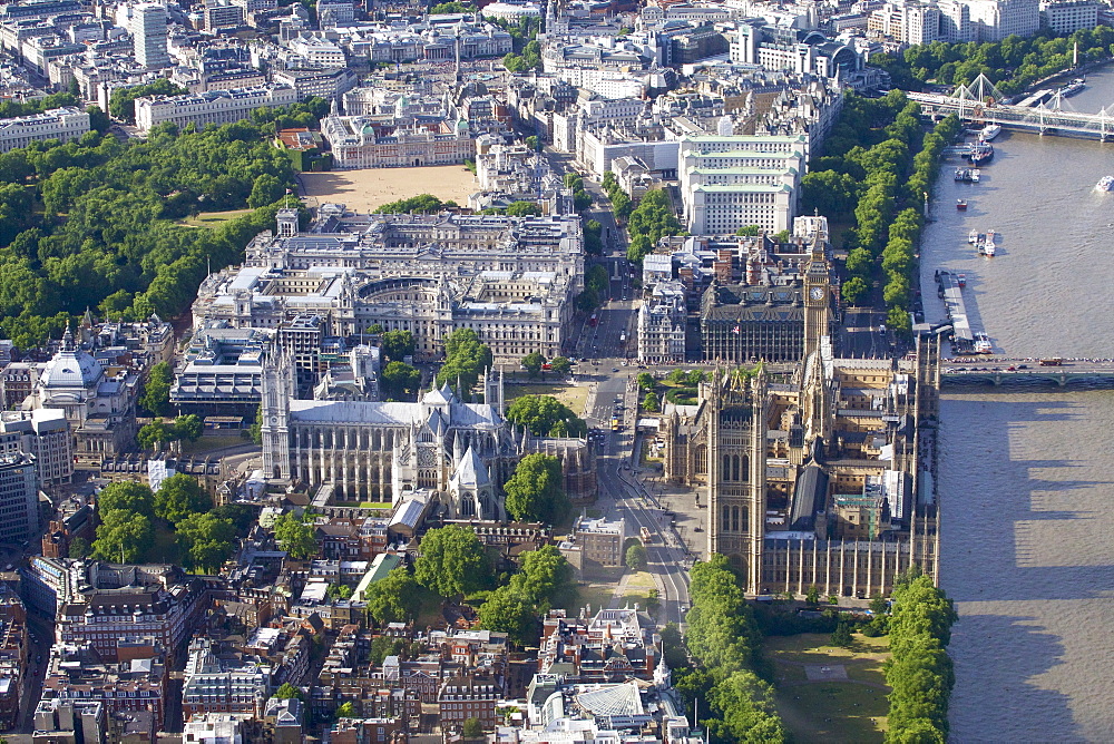 Aerial view of the Houses of Parliament and Westminster Abbey, UNESCO World Heritage Site, London, England, United Kingdom, Europe