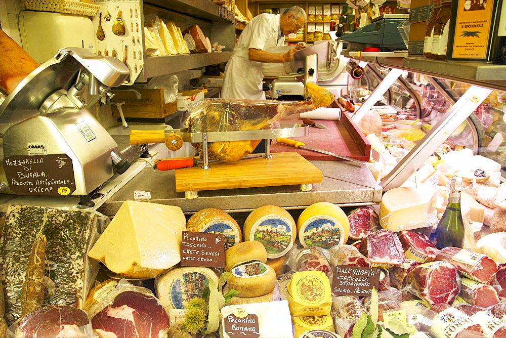 Delicatessen food store with cheese and ham on sale, Rome, Lazio, Italy, Europe