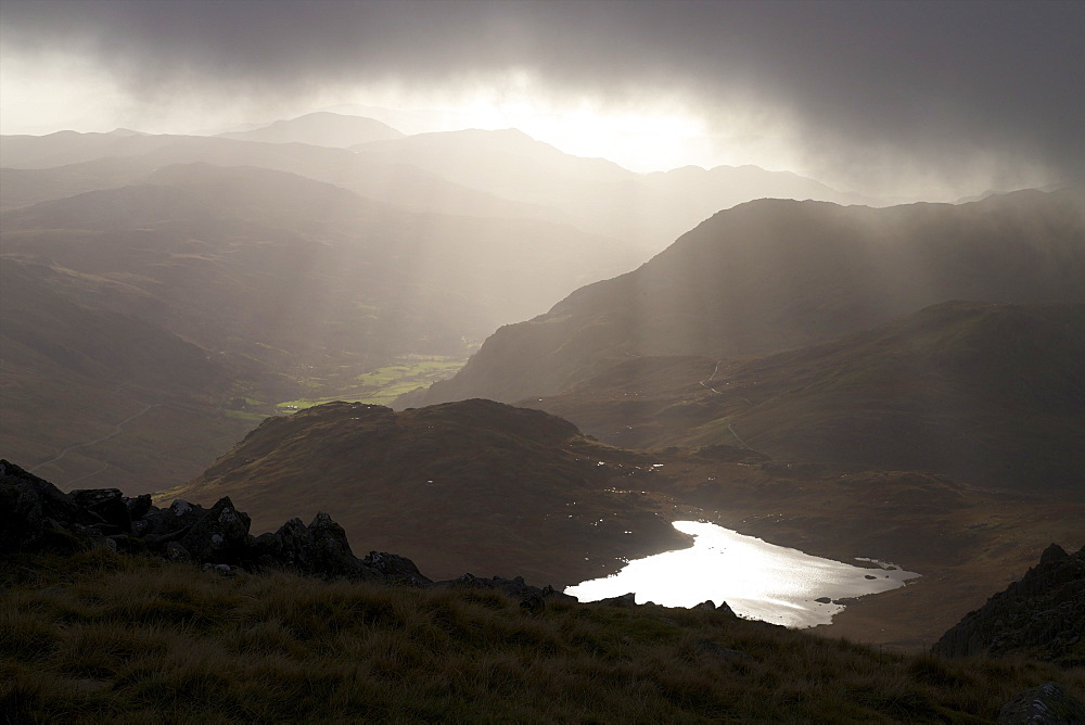 Llyn Bochlwyd, and the Ogwen Valley from Glyder Fach, Snowdonia National Park, Gwynedd, Wales, United Kingdom, Europe