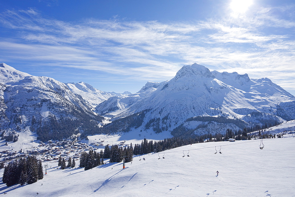 Ski slopes above Lech near St. Anton am Arlberg in winter snow, Austrian Alps, Austria, Europe