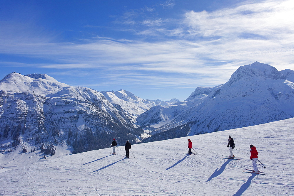 Ski slopes above Lech near St. Anton am Arlberg in winter snow, Austrian Alps, Austria, Europe