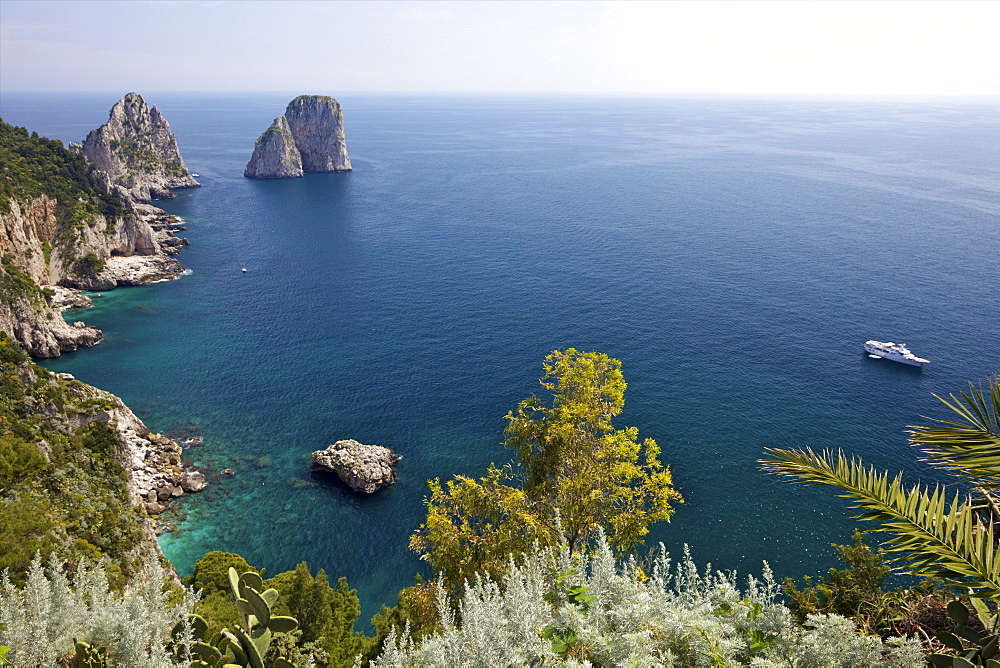 View of Faraglioni Rocks from Gardens of Augustus on Isle of Capri, Bay of Naples, Campania, Italy, Europe