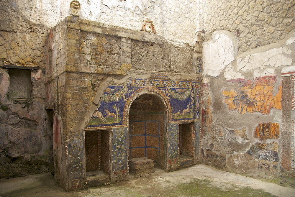 Nymphaeum with theatrical masks, House of Neptune and Amphitrite, Herculaneum, UNESCO World Heritage Site, Campania, Italy, Europe