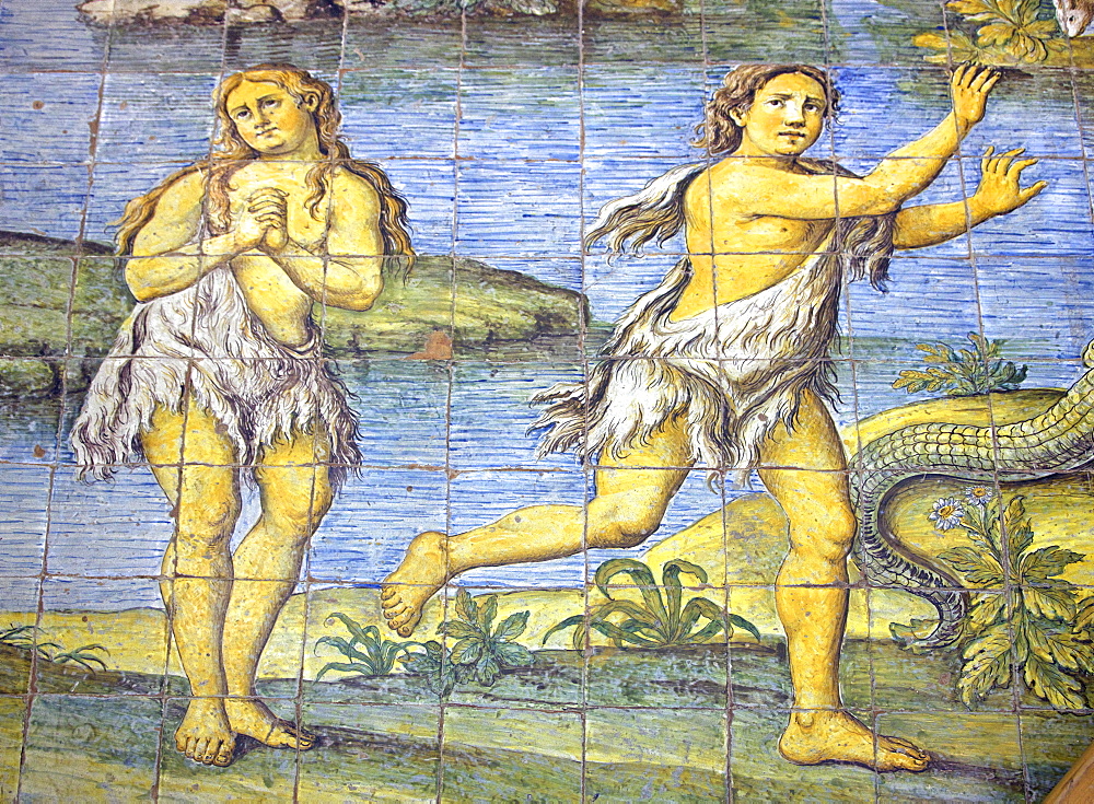 Detail of majolica tiled floor depicting earthly paradise in Church of San Michele Arcangelo by Leonardo Chiaiese dating from 1761, Anacapri, Isle of Capri, Campania, Italy, Europe