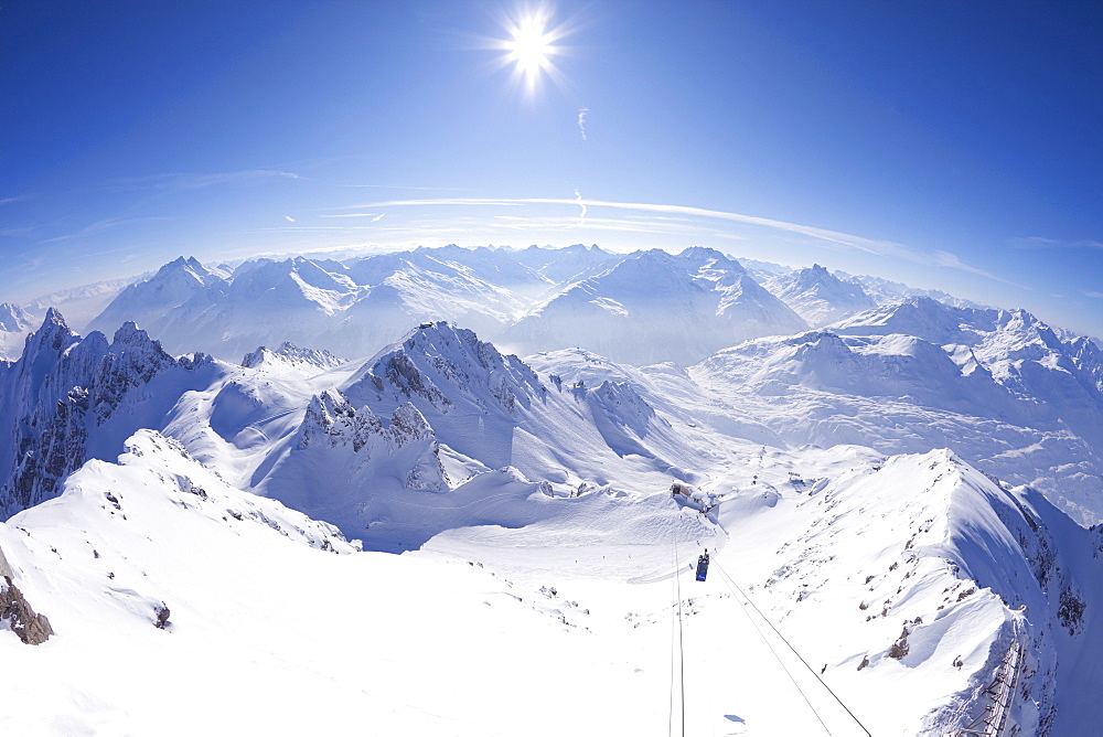 View from summit of Valluga in St. Anton am Arlberg in winter snow, Austrian Alps, Austria, Europe