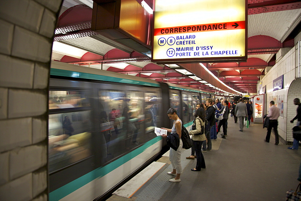 Metro underground train coming into station, Paris, France, Europe