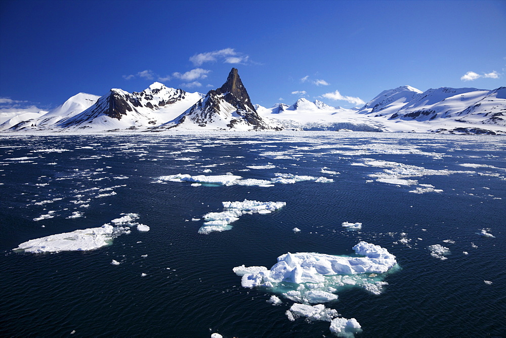 Hornesund Fjord landscape in summer sunshine, Spitzbergen, Svalbard, Arctic Norway, Scandinavia, Europe