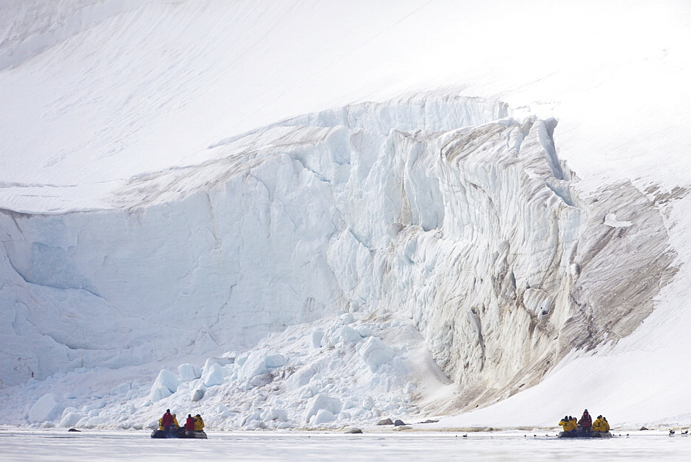 Tourists in zodiac inflatables in arctic summer, Holmiabukta Glacier, Northern Spitzbergen, Svalbard, Norway, Scandinavia, Europe