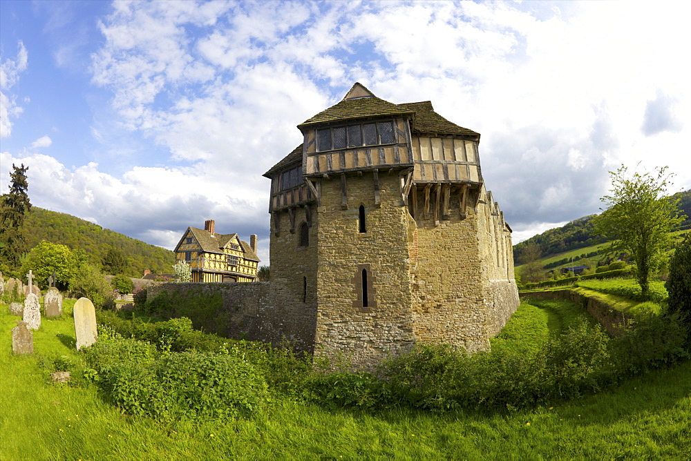 Stokesay Castle, a fortified medieval manor house in spring sunshine, Shropshire, England, United Kingdom, Europe