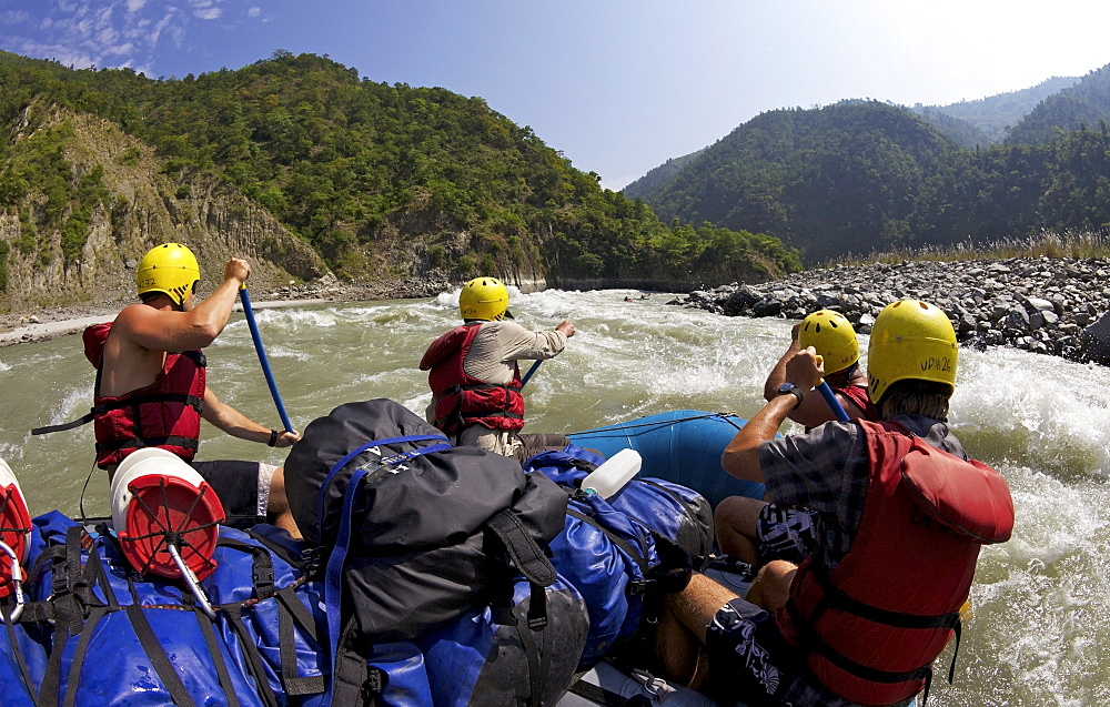 White-water rafting on Sun Kosi River, Nepal, Asia