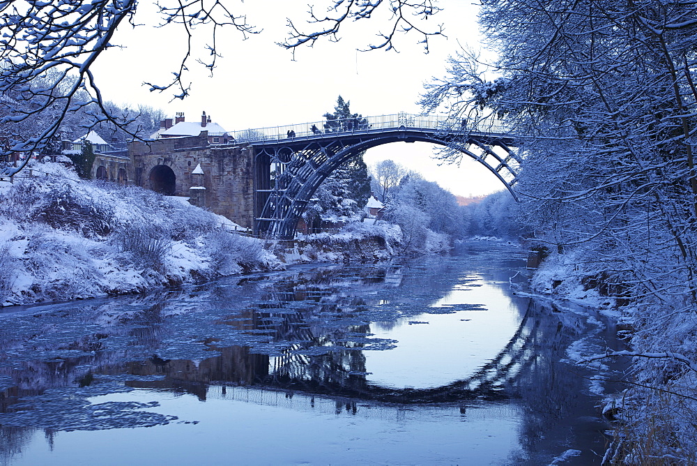 Ironbridge Gorge and River Severn in evening, winter, UNESCO World Heritage Site, Shropshire, England, United Kingdom, Europe