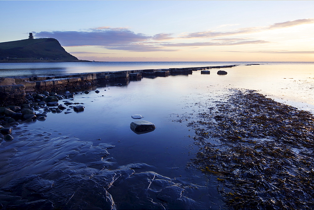 Limestone ledges and Clavell Tower, Kimmeridge Bay, Jurassic Coast, UNESCO World Heritage Site, Dorset, England, United Kingdom, Europe