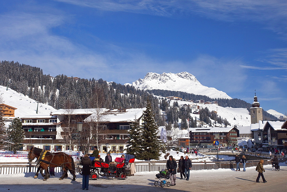 Town centre of Lech near St. Anton am Arlberg in winter snow, Tyrol, Austrian Alps, Austria, Europe