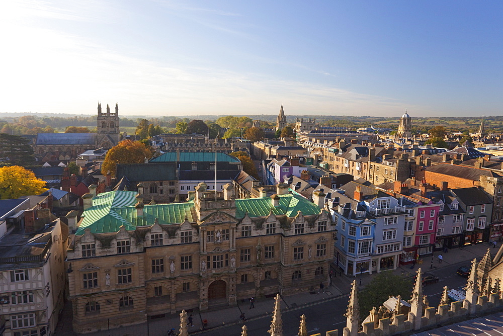 Rooftop view of town from University Church of St. Mary the Virgin, Oxford, Oxfordshire, England, United Kingdom, Europe 