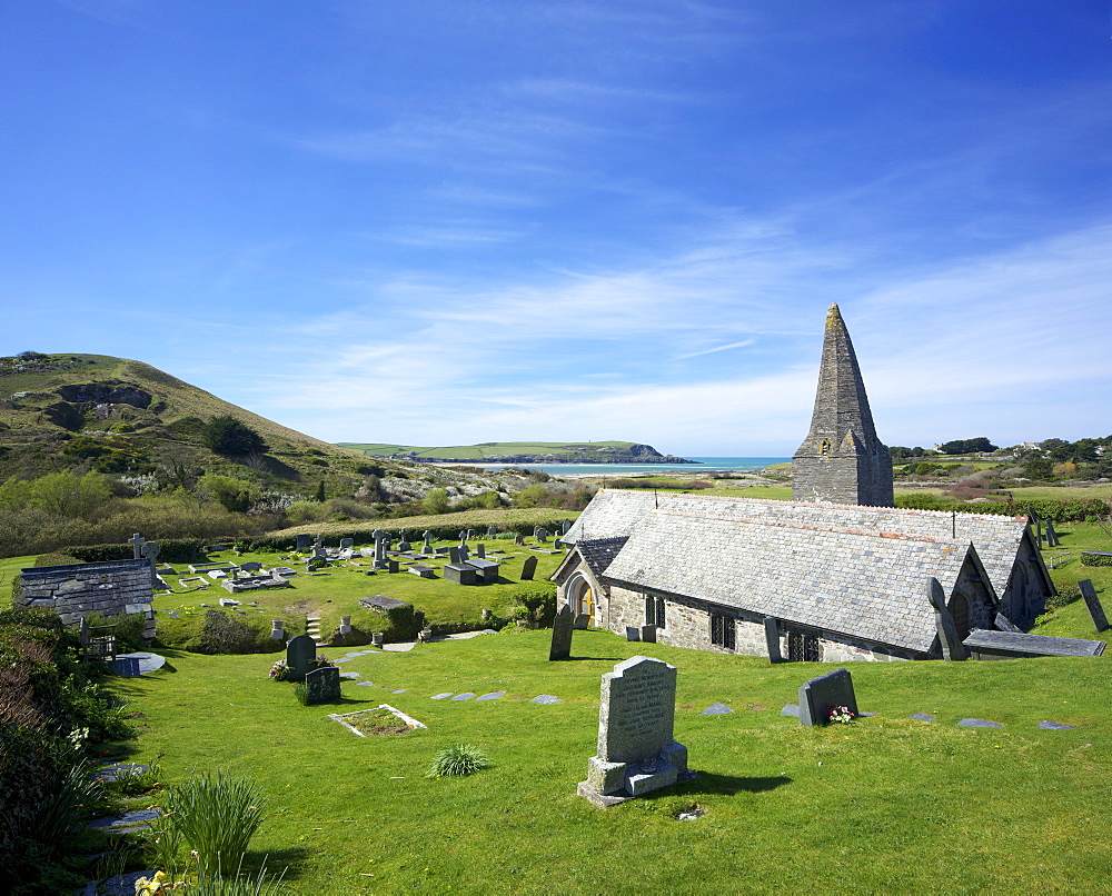 Views of Camel Estuary from the churchyard, St. Enodoc Church, Rock, North Cornwall, England, United Kingdom, Europe