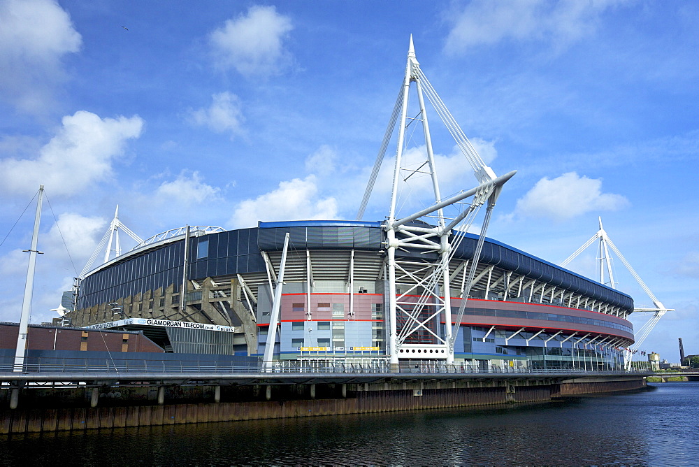 Millennium Stadium and River Taff in spring evening sunshine, from Fitzhamon Embankment, Cardiff, South Glamorgan, South Wales, United Kingdom, Europe