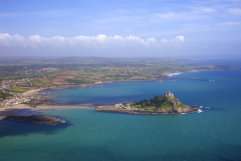 Aerial view of St. Michael's Mount, Penzance, Lands End Peninsula, West Penwith, Cornwall, England, United Kingdom, Europe