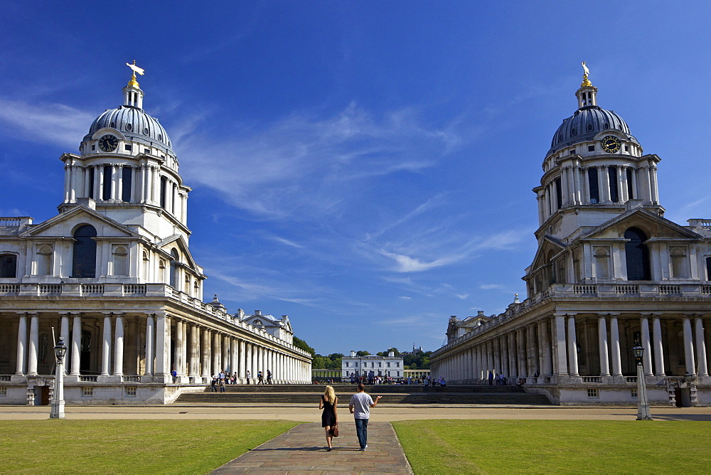 Visitors enjoy summer sunshine, Old Royal Naval College, built by Sir Christopher Wren, Greenwich, UNESCO World Heritage Site, London, England, United Kingdom, Europe