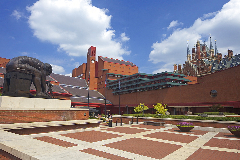 British Library Courtyard with statue of Isaac Newton, with St. Pancras Railway Station behind, Euston Road, London, England, United Kingdom, Europe