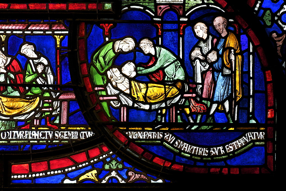 Medieval stained glass depicting the Plague in the House of Jordan Fitz-Eisulf, Becket Miracle Window 6, Trinity Chapel Ambulatory, Canterbury Cathedral, UNESCO World Heritage Site, Canterbury, Kent, England, United Kingdom, Europe