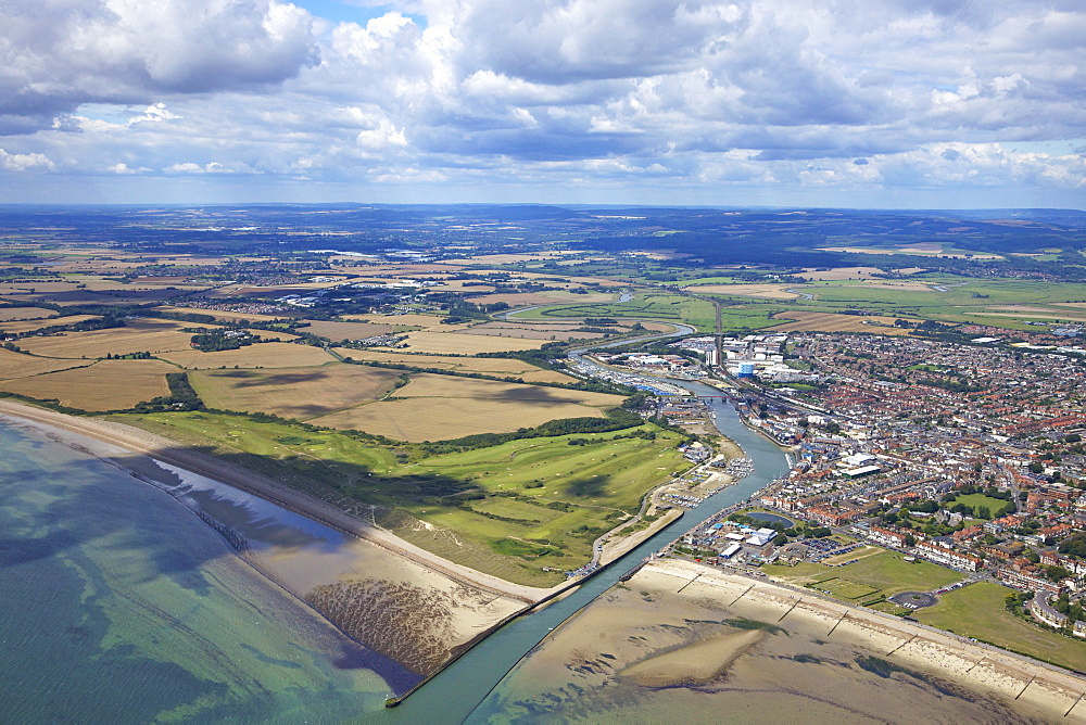 Aerial view of River Arun at Littlehampton, West Sussex, England, United Kingdom, Europe